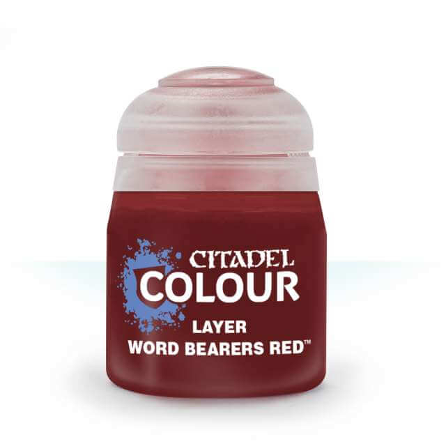 A pot of Citadel layer paint in the color 'Word Bearers Red' for miniature painting.