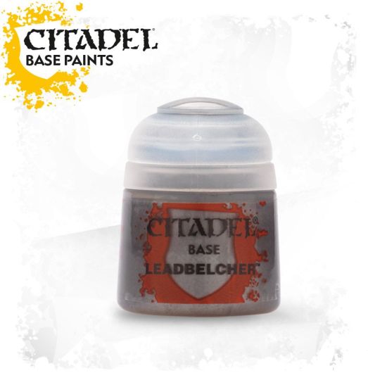 A pot of Citadel Base Leadbelcher paint, primarily silver in color with product details and branding visible.