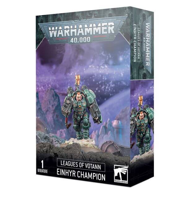 Product packaging for Warhammer 40,000 Leagues of Votann Einhyr Champion miniature, featuring an illustrated armoured character on a base, with cosmic and celestial background.