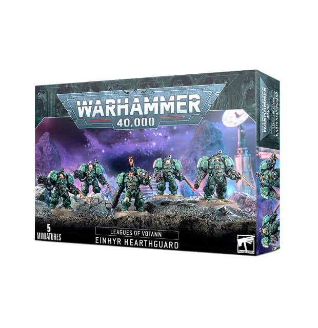 Product packaging for 'Leagues of Votann Einhyr Heartguard' featuring five miniature figures equipped with armor and weapons, set against a cosmic space backdrop.