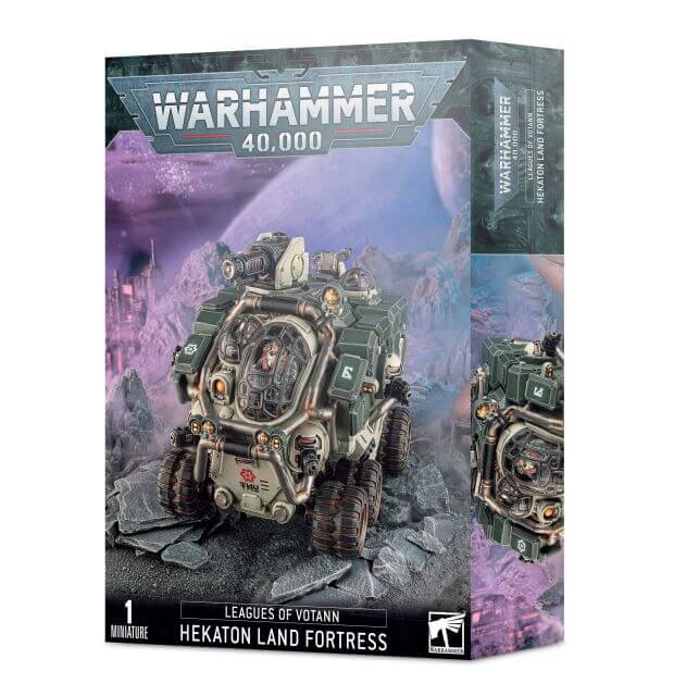 Product packaging for 'Leagues of Votann Hekaton Land Fortress' featuring a image of a six-wheeled military transport vehicle with guns on the front, set against a backdrop of a space station.