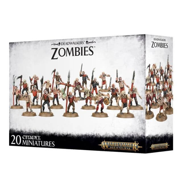 Box packaging for 'Soulblight Gravelords Deadwalker Zombies' featuring 20 citadel miniatures depicting undead zombies in a battle array.