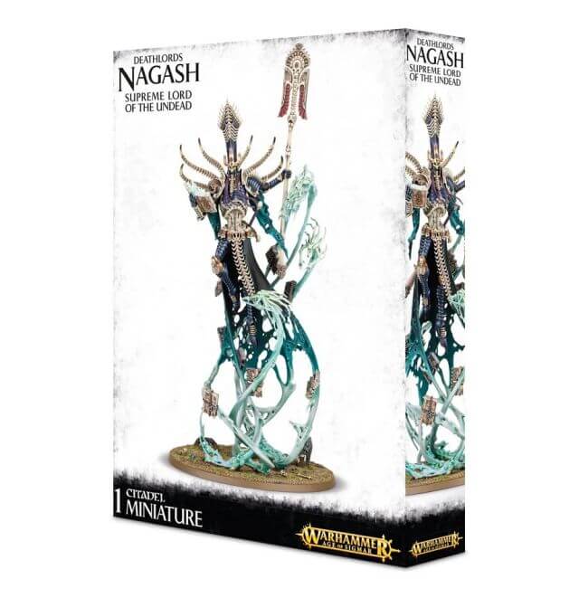 A boxed miniature figure kit of Nagash, Supreme Lord of the Undead, from Games Workshop, featuring intricate detailing on the character's armor and accessories, such as a staff and a crown, with a citadel base.