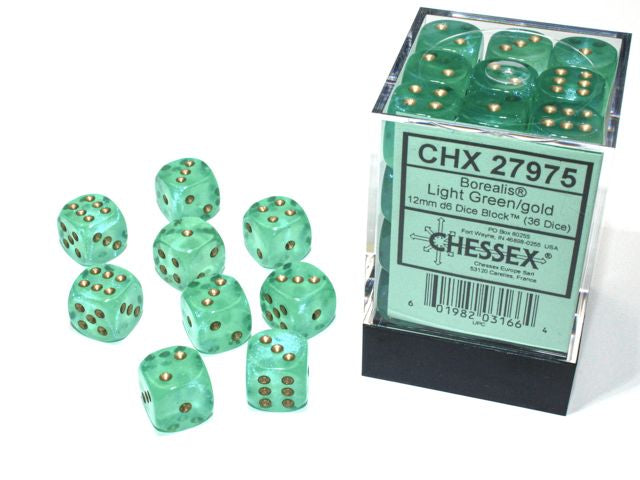 A close up of the Chessex Borealis Light Green with Gold 12mm d6 dice set and its' packaging.