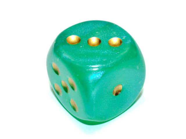 An example of the Chessex Borealis Luminary Light Green with gold 30mm d6