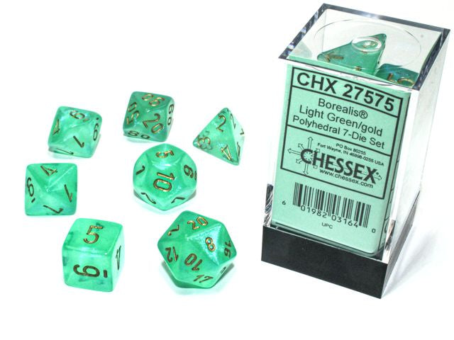 A close up of the Chessex Borealis Light Green with Gold polyhedral dice set and its' packaging.