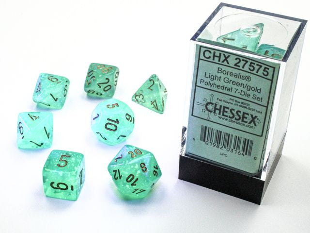 A close up of the Chessex Borealis Light Green with Gold polyhedral dice set and its' packaging.