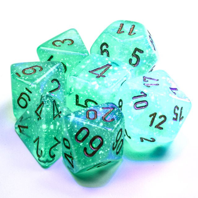 A close up of the Chessex Borealis Light Green with Gold polyhedral dice set.
