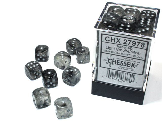 A close up of the  Chessex Borealis Light Smoke with silver 12mm d6 dice set and its' packaging.