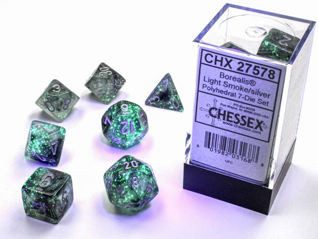 A close up of the  Chessex Borealis Light Smoke with silver polyhedral dice set and its' packaging.