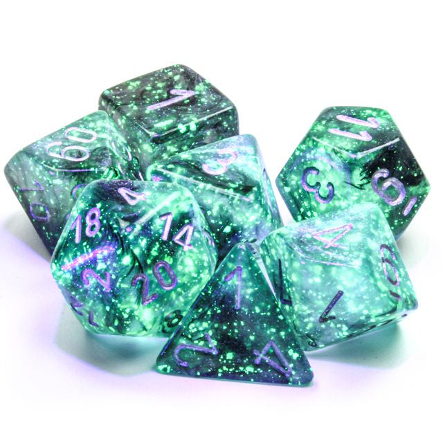 A close up of the  Chessex Borealis Light Smoke with silver polyhedral dice set.