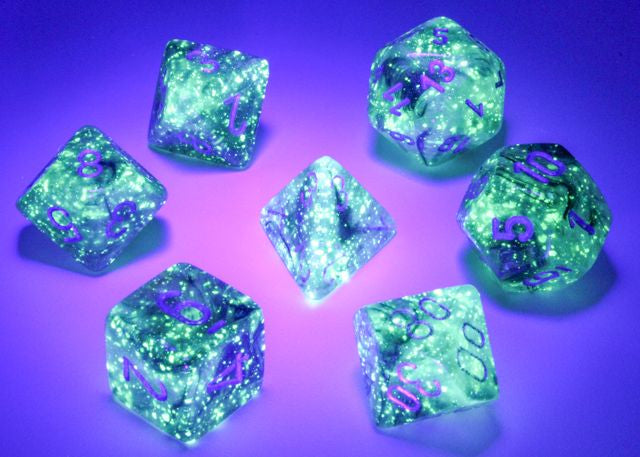 A close up of the  Chessex Borealis Light Smoke with silver polyhedral dice set under a blacklight.