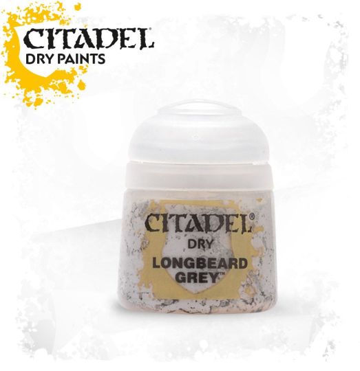 A pot of Citadel dry paint in the color Longbeard Grey, typically used for drybrushing on model figures.