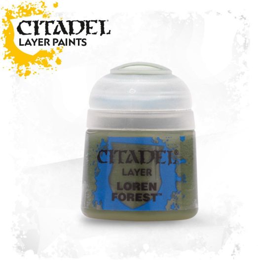 A pot of Citadel Layer paints labeled 'Loren Forest' with a green lid on a yellow background, indicating a paint product for miniatures.