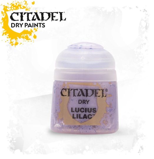 A pot of Citadel dry paint in the color 'Lucius Lilac'. The paint is intended for drybrushing techniques to highlight details on model figures.