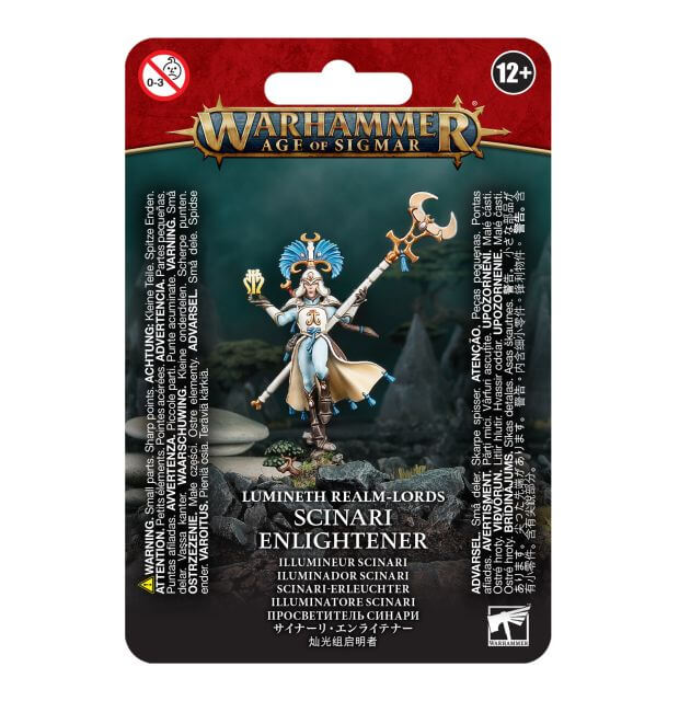Packaging for the Warhammer Age of Sigmar Lumineth Realm-Lords Scinari Enlightener miniature, featuring the assembled and painted figure of a mystical character with a crescent staff and a rune, set against a dark themed backdrop.