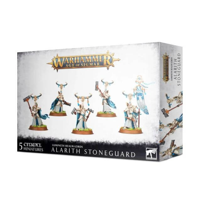 Product packaging for 'Warhammer Age of Sigmar: Lumineth Realm-Lords Alarith Stoneguard', featuring illustrations of the Alarith Stoneguard characters and the box contains 5x32mm round bases.