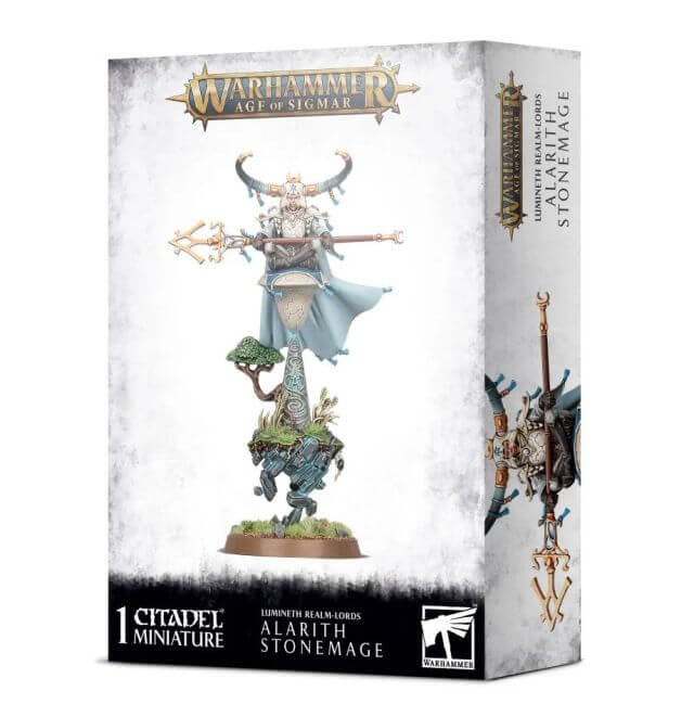 Packaging for the Warhammer Age of Sigmar Lumineth Realm-Lords Alarith Stonemage miniature, featuring the assembled and painted model on the box art.