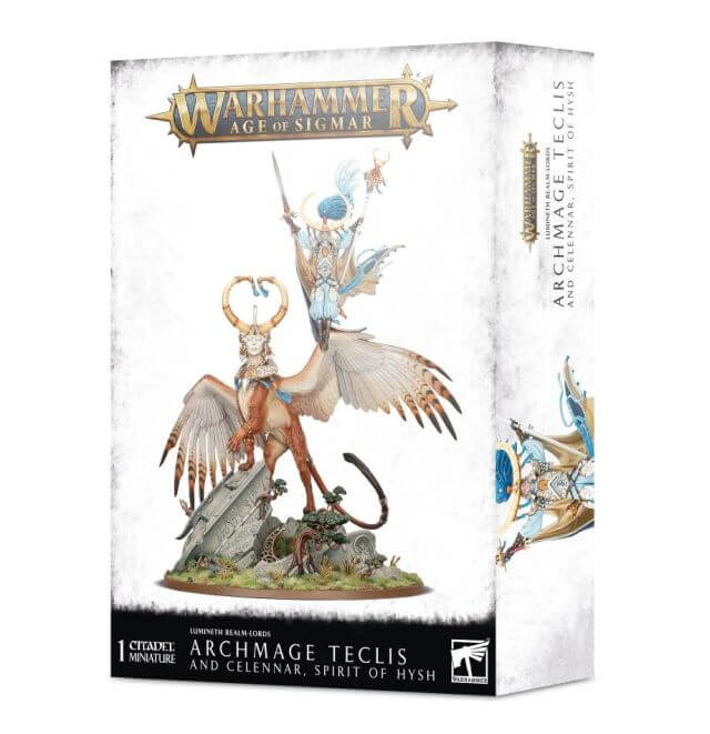 Product packaging for Warhammer Age of Sigmar, featuring Archmage Teclis and Celennar, Spirit of Hysh miniatures. The box displays the characters and the artwork related to the game.