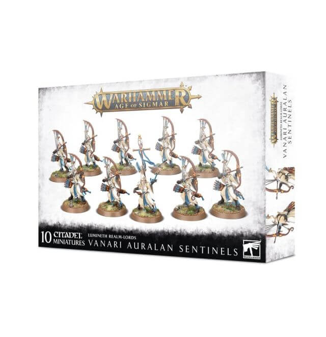 Box packaging for Warhammer Lumineth Realm-Lords Vanari Auralan Sentinels miniatures, featuring 10 citadels archers in a variety of poses.