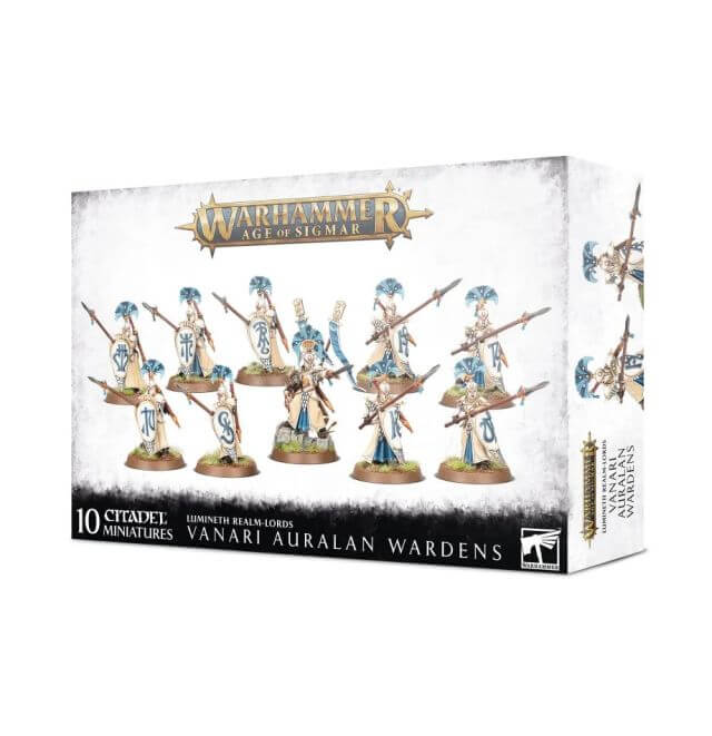 Box packaging for Lumineth Realm-Lords Vanari Auralan Wardens, featuring 10 miniature figures with various weapons and accessories.