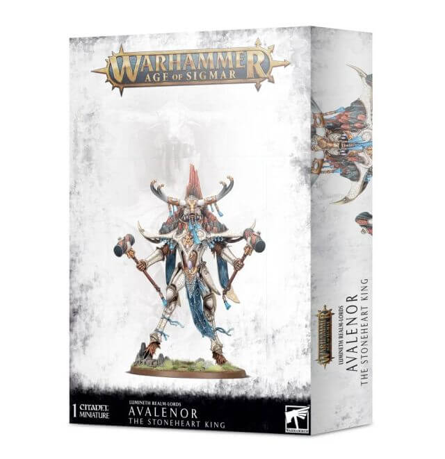 Product packaging for 'Avalenor, the Stoneheart King' from the Warhammer Age of Sigmar series. The box displays the fully assembled and painted model on the front.