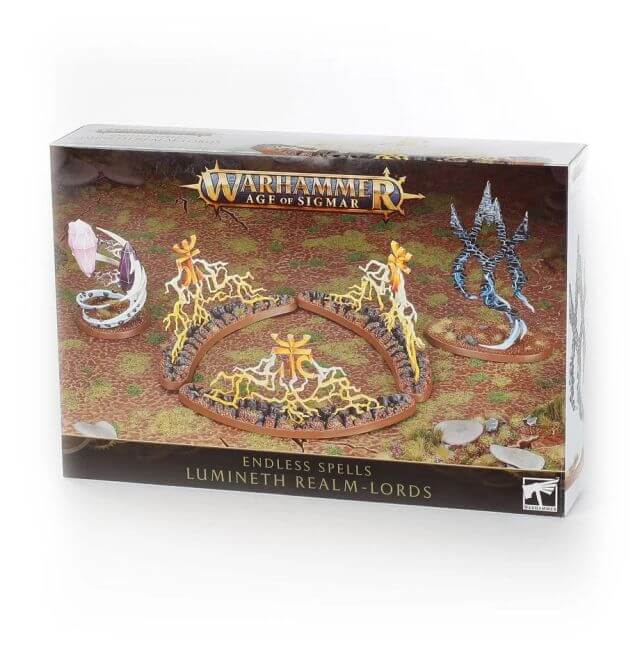 Product packaging for 'Lumineth Realm-Lords Endless Spells' featuring components of a miniature game set in a fantasy setting, with intricate designs on the miniatures displayed.