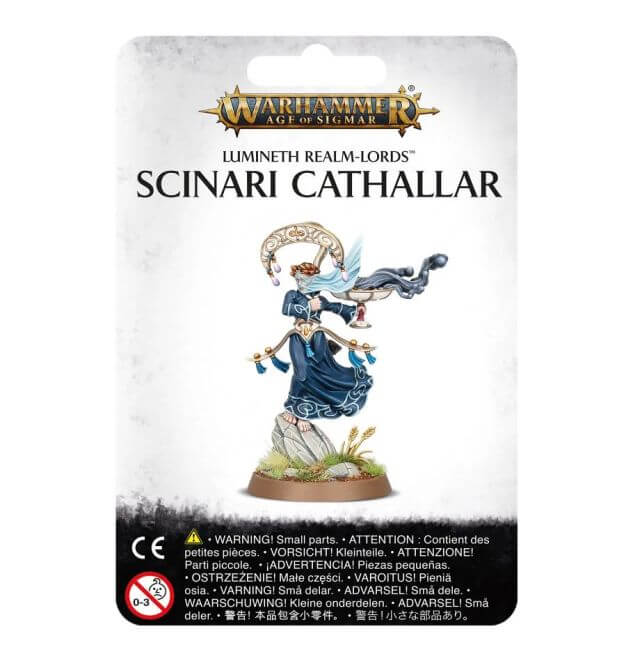 Packaging for Lumineth Realm-Lords Scinari Cathallar, featuring an illustration of a fantasy figure on a white background with game-related branding.