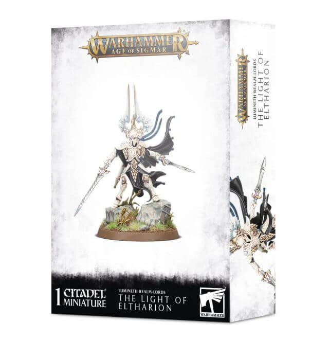 Packaging for 'Lumineth Realm-Lords The Light of Eltharion', featuring a miniature figurine of a being in armor, holding a staff, on a round base.