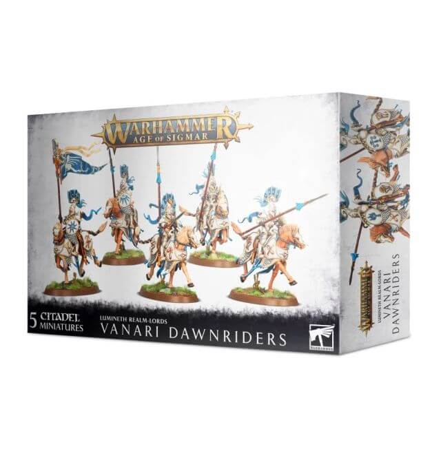 Product packaging for 'Lumineth Realm-Lords Vanari Dawnriders' featuring illustrations of elven warriors on horseback, with detailed armor and mounts, against a grey background.