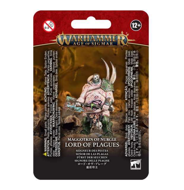 Packaging for Warhammer Age of Sigmar's Maggotkin of Nurgle Lord of Plagues, featuring an illustration of the miniature figure with a blade.