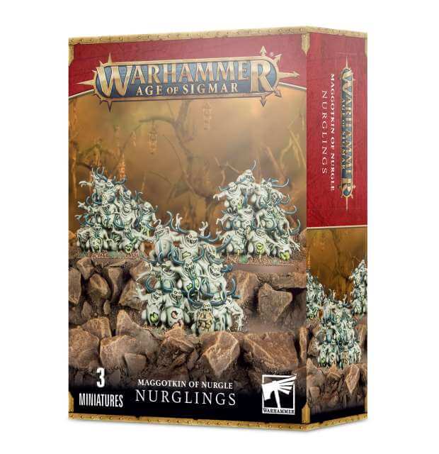 Boxed set of Warhammer Age of Sigmar's Maggotkin of Nurgle Nurglings miniatures, depicting three towers of horned creatures on a rocky outcrop, with the product name and quantity visible.
