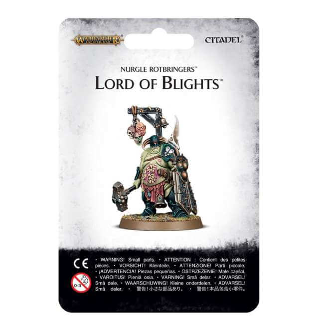 Packaging for the 'Lord of Blights' miniature from the 'Maggotkin of Nurgle' line, featuring a multi-part plastic kit on a white background.