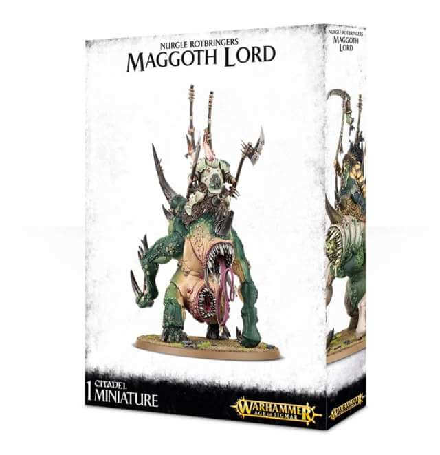 Product packaging for 'Maggotkin of Nurgle Orghotts Daemonspew' featuring a plastic model kit of a Chaos Warrior on a base, with the model depicted in the center of the box art.