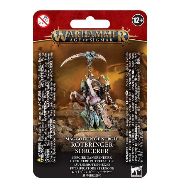 Packaging for the Warhammer Age of Sigmar Maggotkin of Nurgle Rotbringers Sorcerer miniature, featuring the assembled and painted model on the front.