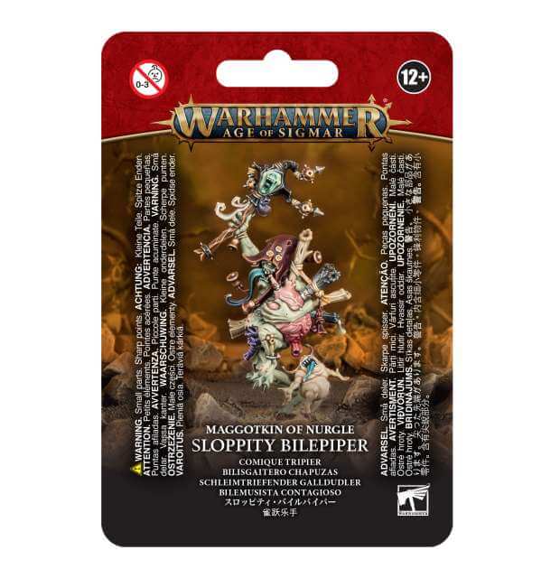 Packaging for Warhammer Age of Sigmar's Maggotkin of Nurgle Sloppity Bilepiper, featuring an illustrated creature holding a whimsical weapon and accompanied by a small creature at its feet.