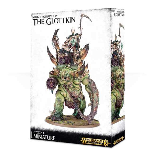 Packaged product depicting the Glottkin, a fantasy miniature creature, with Flailing Tentacles and a Poison-Slick Scythe, standing on a base, ready for assembly.