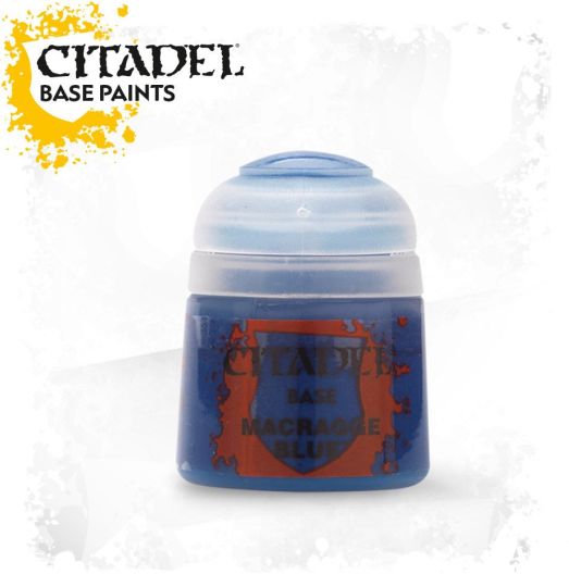 A pot of Citadel Base paints in Macragge Blue color, containing 12ml of paint.