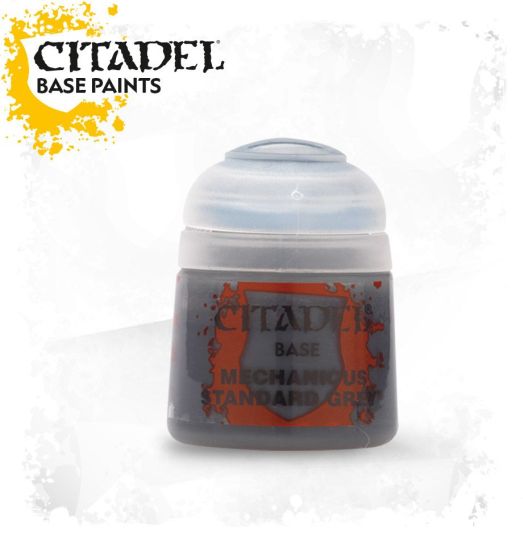 A pot of Citadel Base paint in Mechanicus Standard Grey color, designed for use on plastic, metal, and resin Citadel miniatures.
