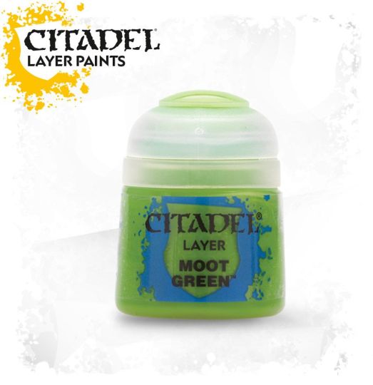 A pot of Citadel Layer paint in the color 'Moot Green', primarily designed for painting miniatures.