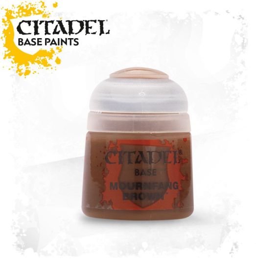 A pot of Citadel Base paint in Mournfang Brown color, designed for use on plastic, metal, and resin Citadel miniatures.