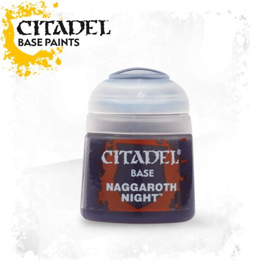A pot of Citadel Base paint in the color Naggaroth Night, primarily purple in color with the brand and product name displayed on the label.