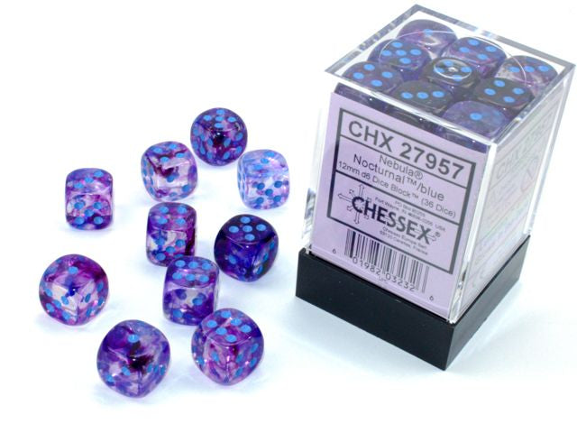 A close up of the Chessex Nebula Nocturnal with blue 12mm d6 dice set.