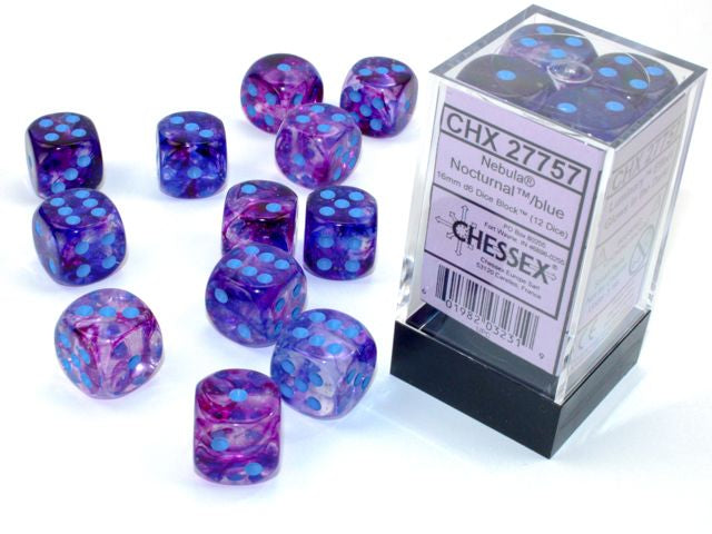 A close up of the Chessex Nebula Noctural with blue 16mm dice set in and out of their packaging.