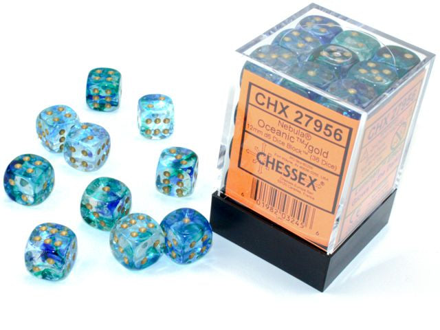 A close up of the Chessex Nebula Oceanic with gold 12mm d6 dice set.