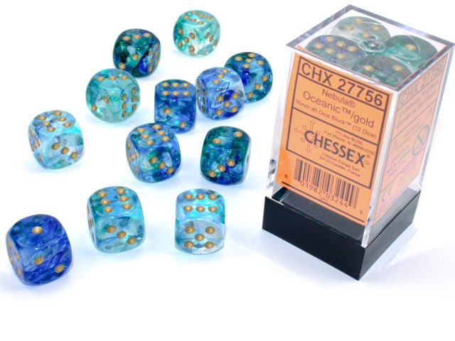 A close up of the Chessex Nebula Oceanic with gold 16mm dice set.