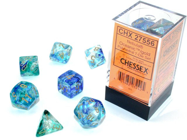 A close up of the Chessex Nebula Oceanic with gold polyhedral dice set.