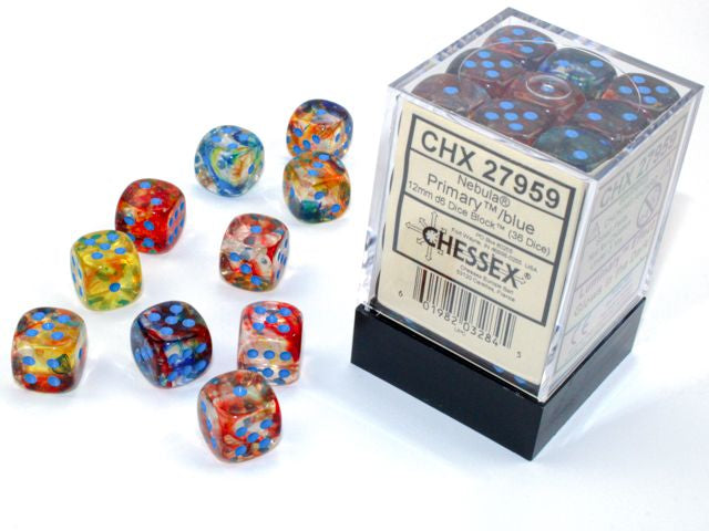 A close up of the Nebula Primary with with blue 12mm dice set.