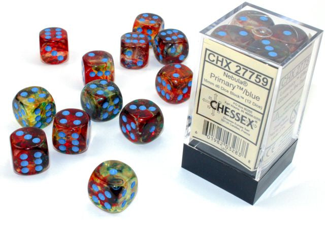 A close up of the Nebula Primary with Blue 16mm d6 dice set and packaging. 