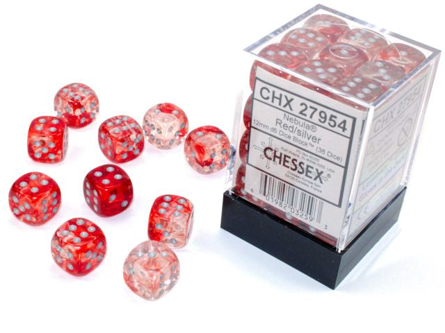 A close up of the Chessex Nebula Red with Silver 12mm d6 dice set.